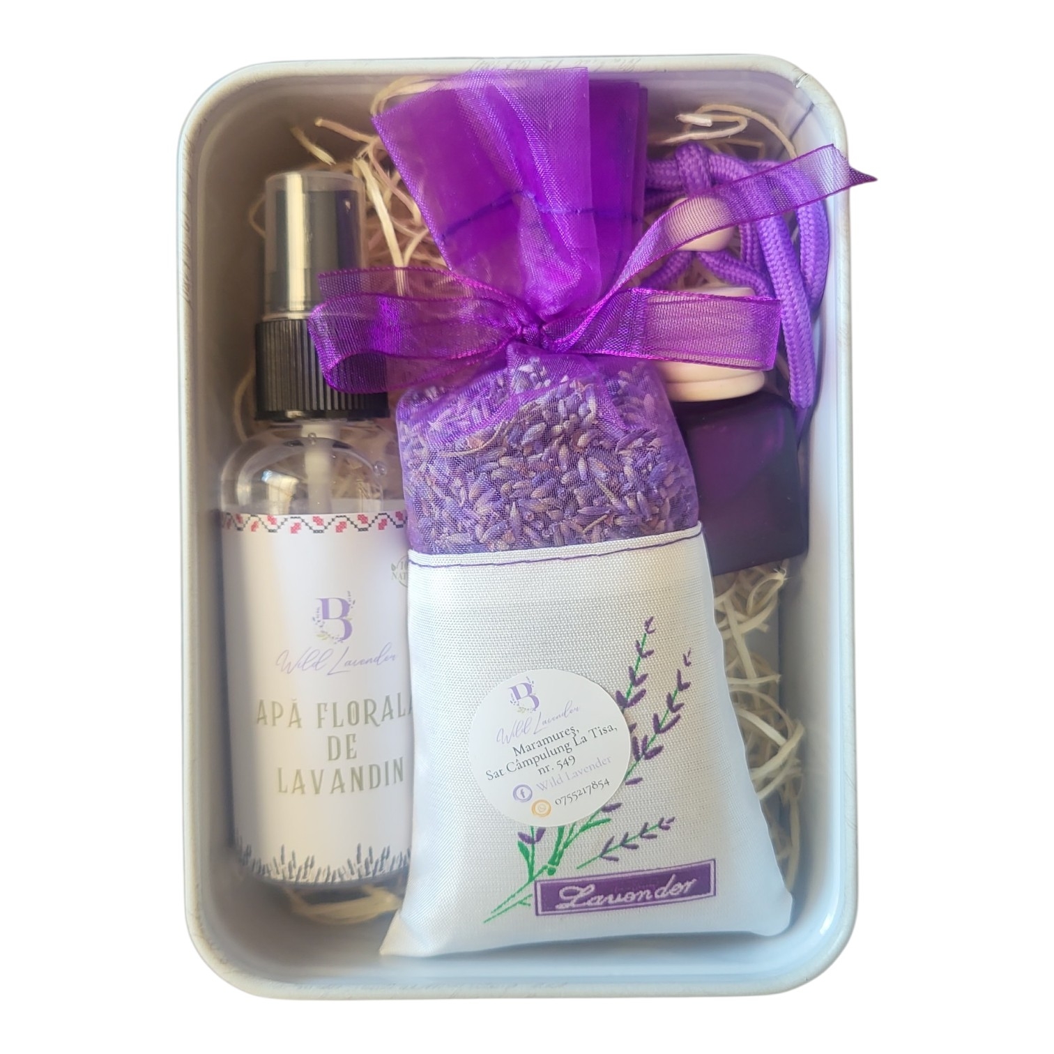 Set cadou Premium cu lavandă – apă florală, odorizant auto și săculeț parfumat
