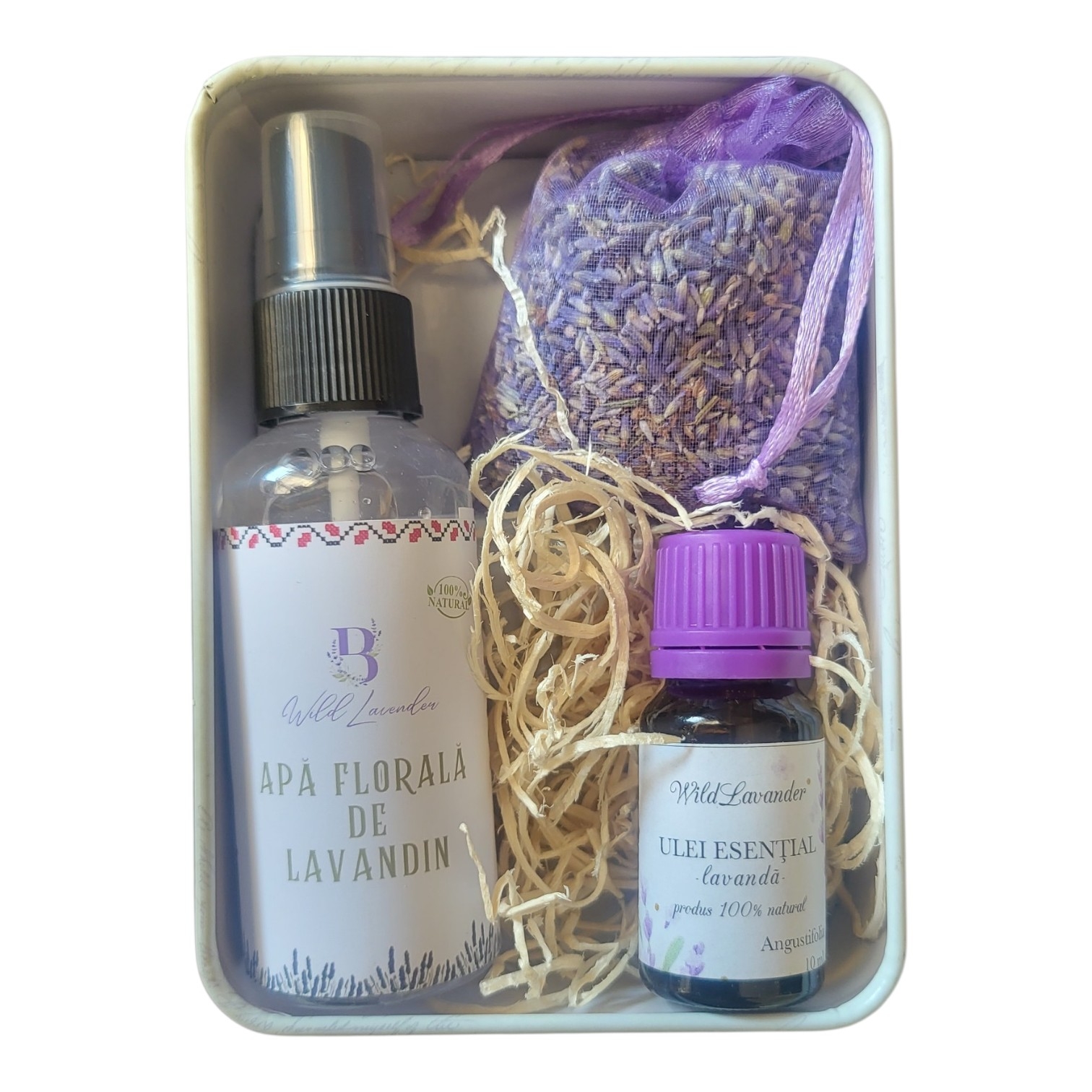 Set cadou Premium cu lavandă – apă florală, ulei esențial și săculeț parfumat
